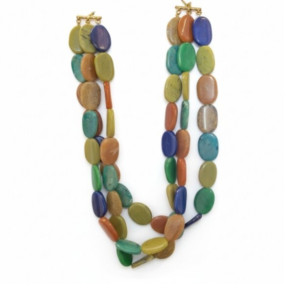 Chunky Multi-strand Polished Gemstone Necklace Oval Natural Statement Adjustable - Picture 2 of 12